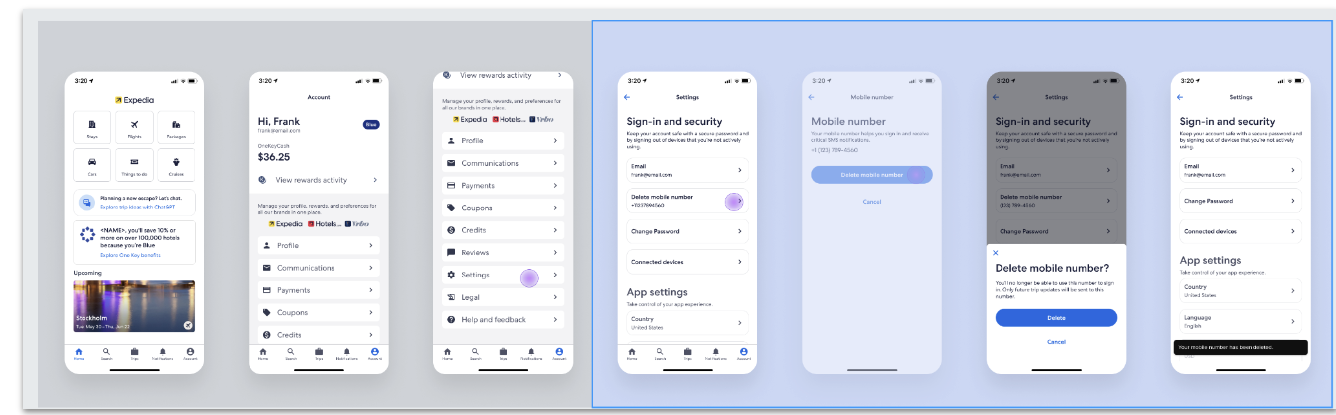 Flow for deleting a mobile number from account settings