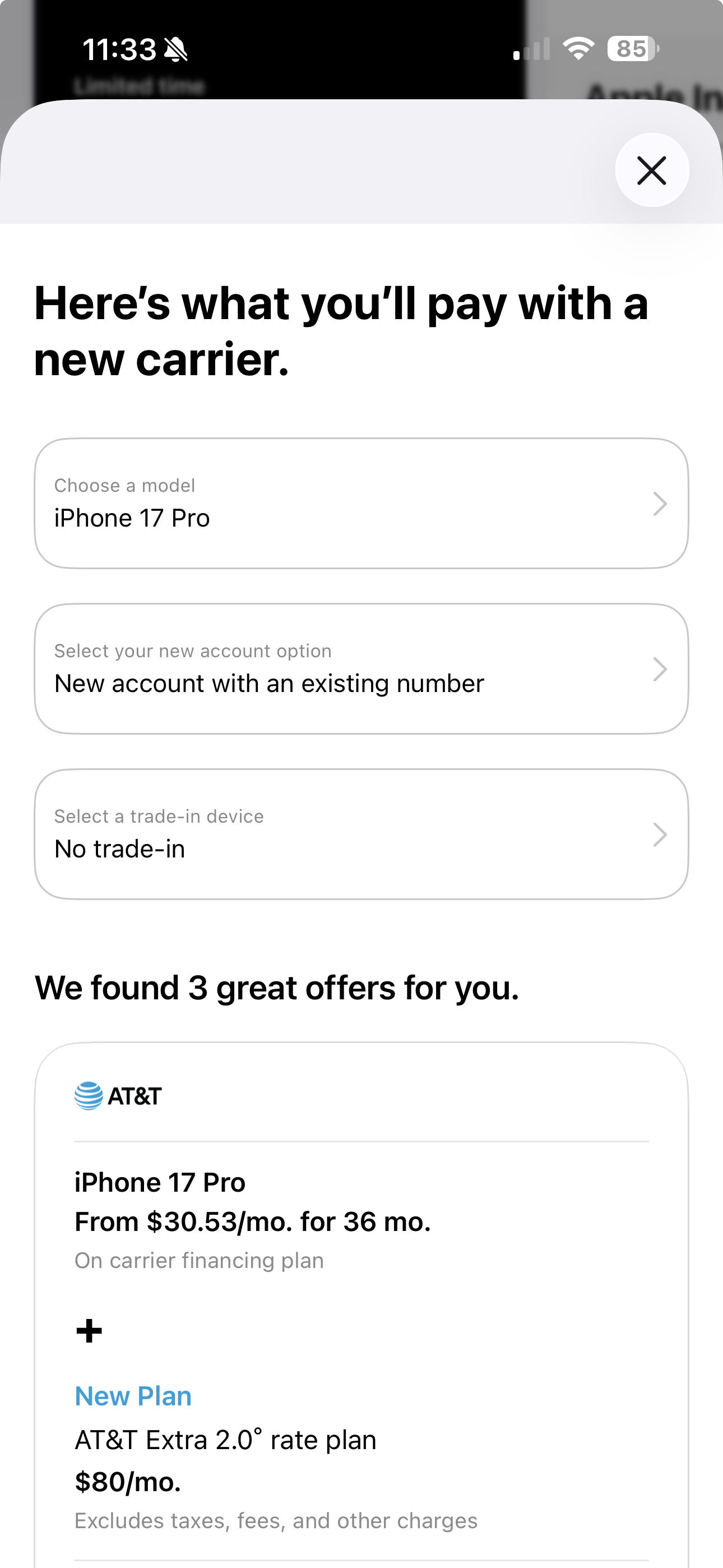 Carrier financing offer screen for Apple Carrier Deals