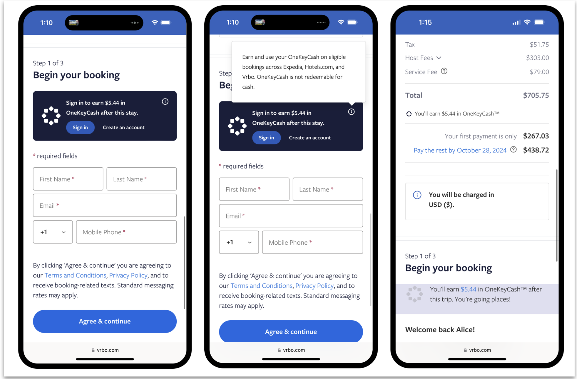 Three screens from the Vrbo checkout sign-in flow